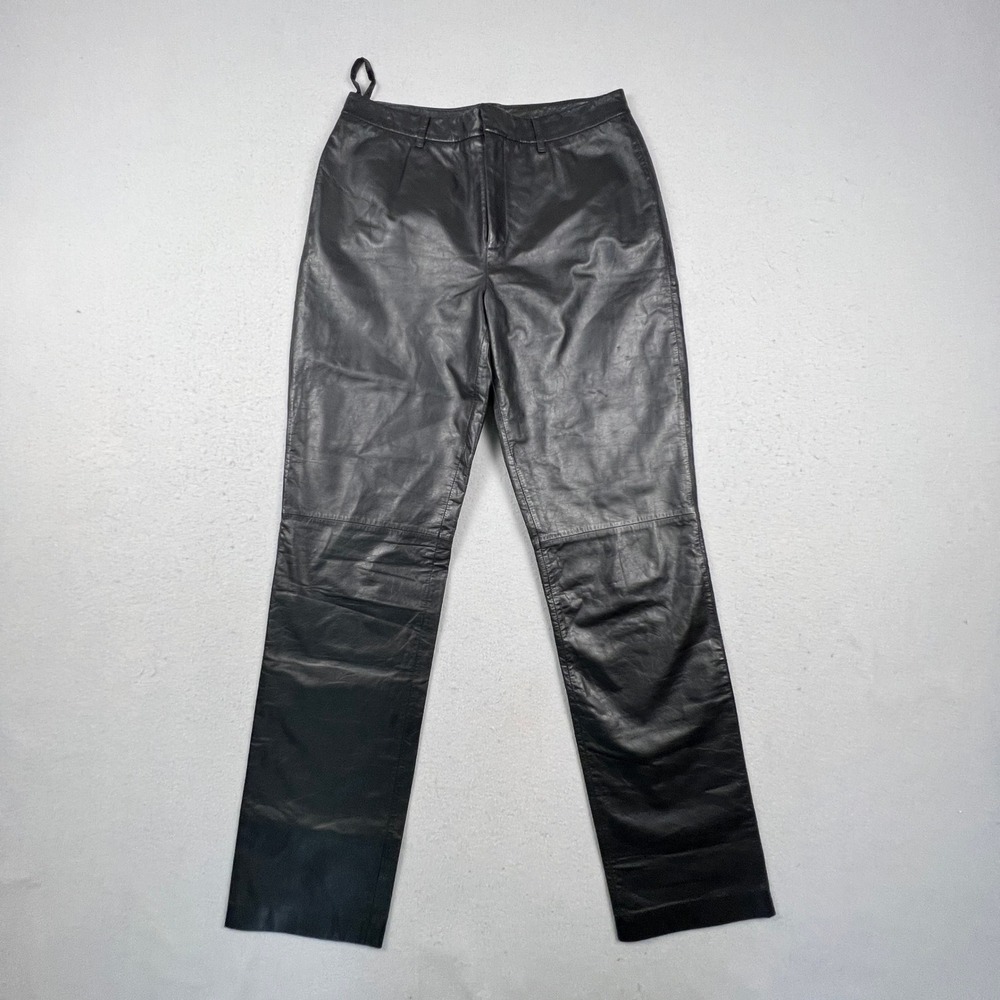 Nine West 100% Leather Pants Women 4 Black Straight Leg High Rise Moto Chic Goth